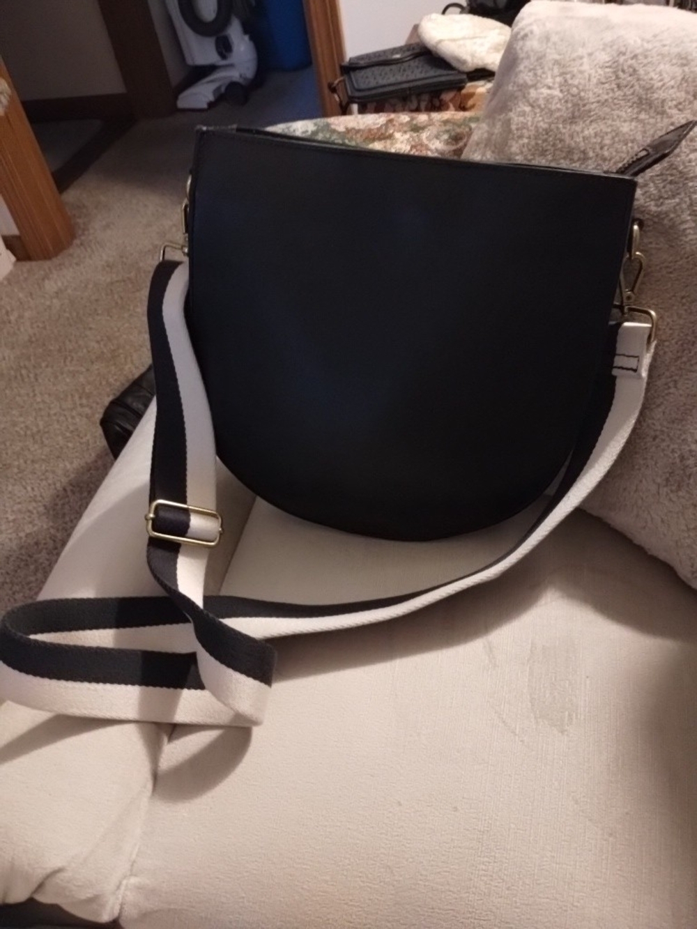 Madewell Black Leather Saddle Crossbody with Black-and-White Stripe Strap
